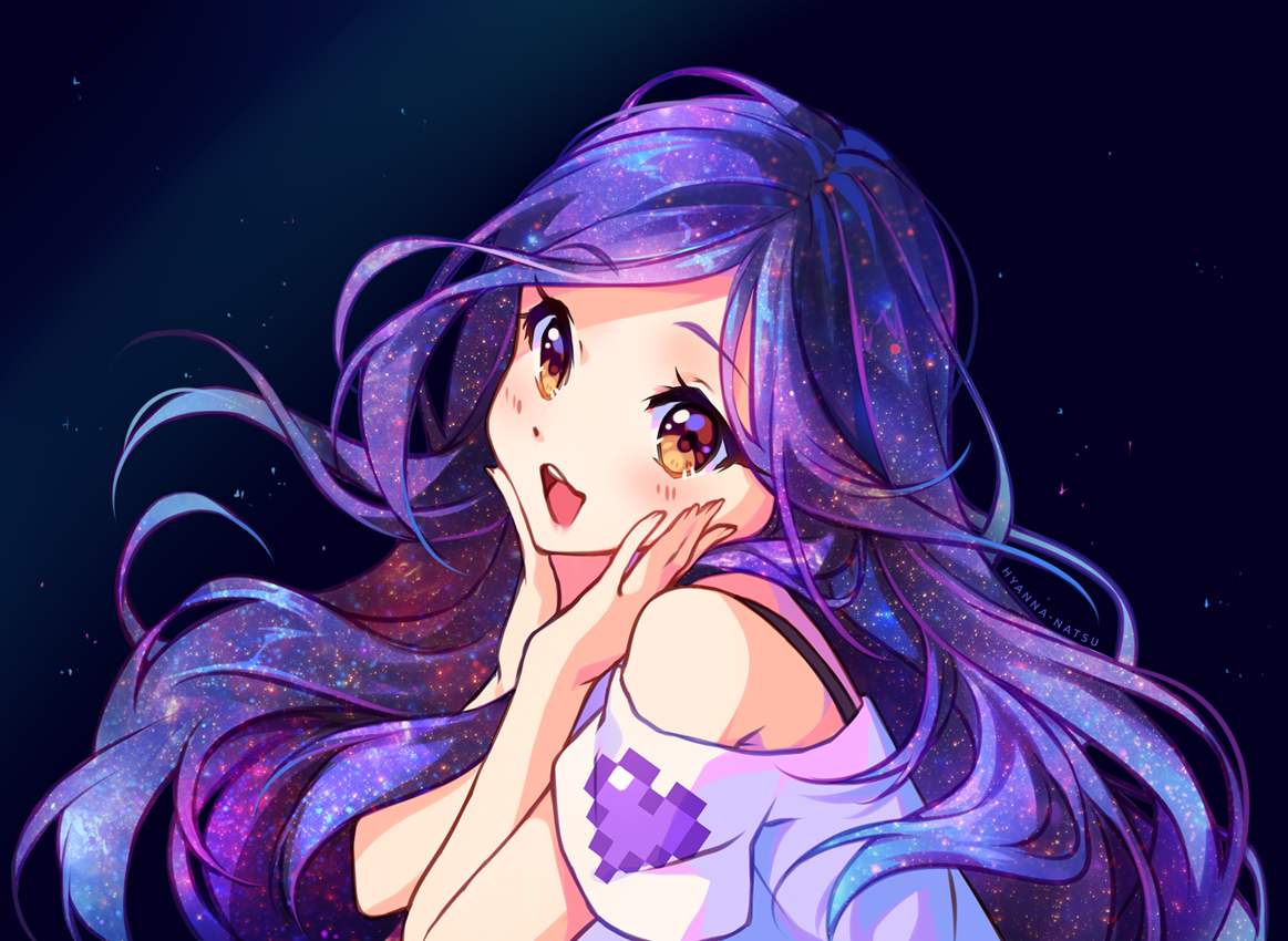 blue with Anime girl and eyes hair purple