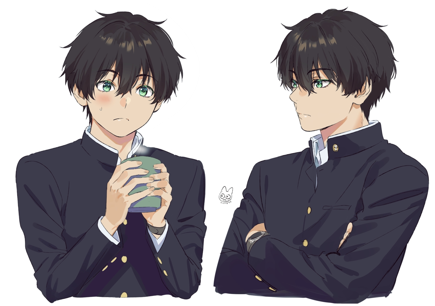 boy anime Black hair green eyes